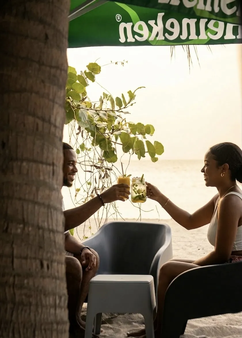 Un couple trinque au coucher du soleil face à la mer des Caraïbes